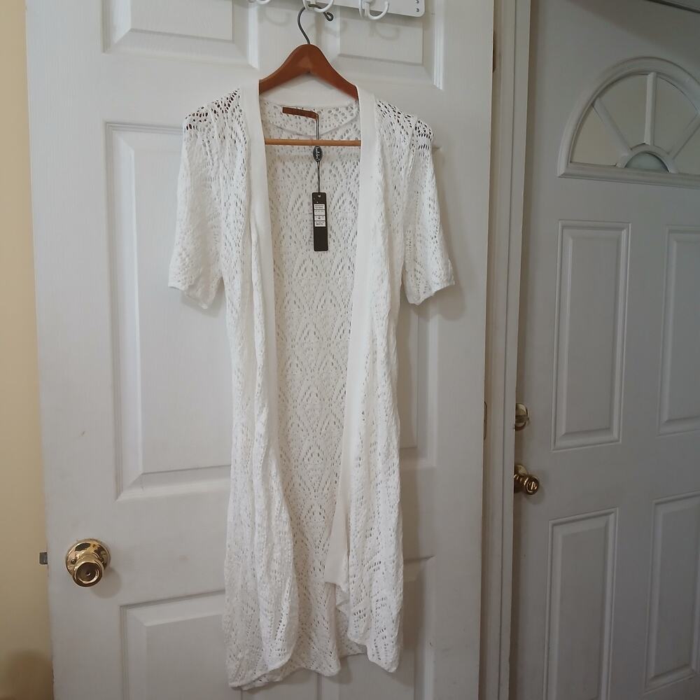 Belldini Cardigan Womens M White Crochet Lace Open Front Duster Boho Sheer NWT - Picture 2 of 16